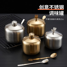 韩式不锈钢调料罐厨房金色餐厅辣椒油罐盐罐带勺调味瓶盒创意