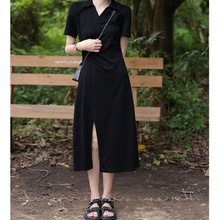 领连衣裙黑色收腰女夏季短袖新款设计感显瘦开叉中长裙子