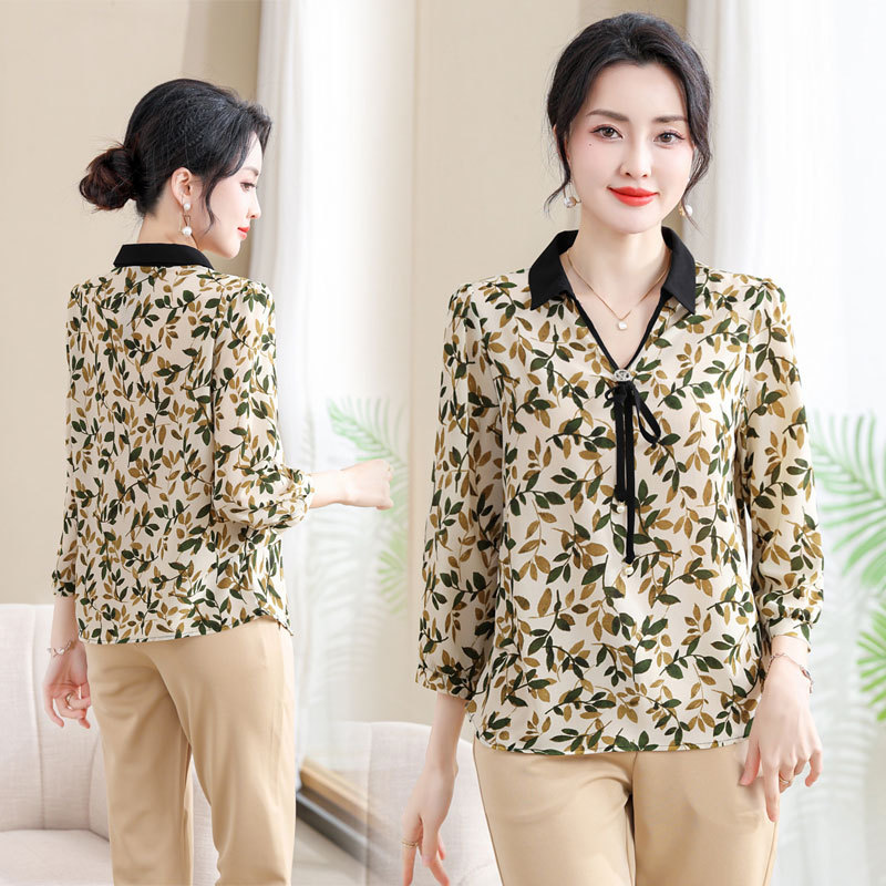 妈妈春装2024新款长袖衬衫洋气上衣中老年女装时尚雪纺t恤夏薄款