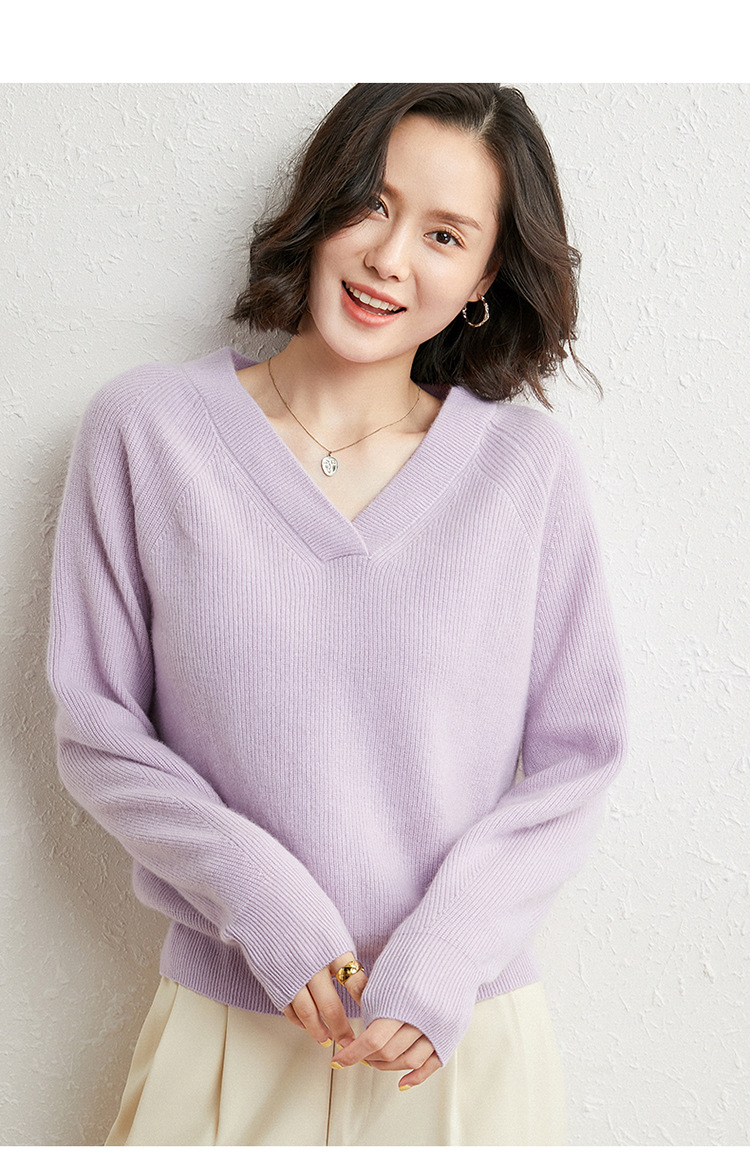 【热销】2021秋冬新款山羊绒衫女v领纯色套头元宝针长袖羊绒毛衣