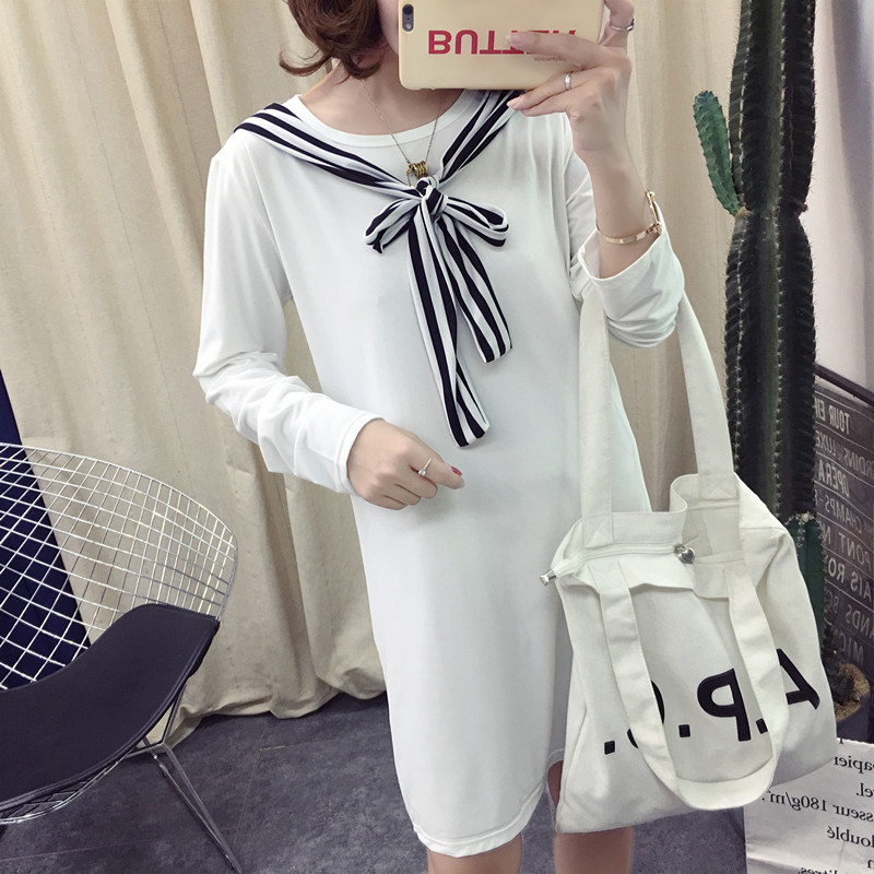 New Spring and Autumn Loose Mid-Length T-shirt Dress Women's Long Sleeve Fake Scarf Skirt Striped