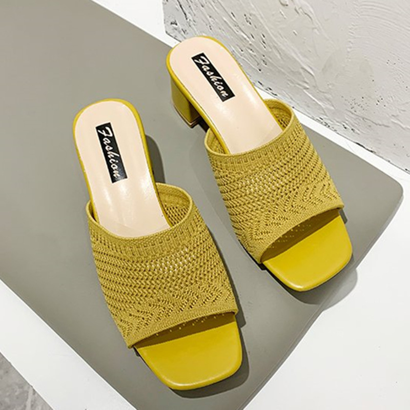 Mid Heel Slippers Women's Summer 2020 New Korean Style Flyknit Outerwear Fashion Women's Sandals Wholesale Delivery