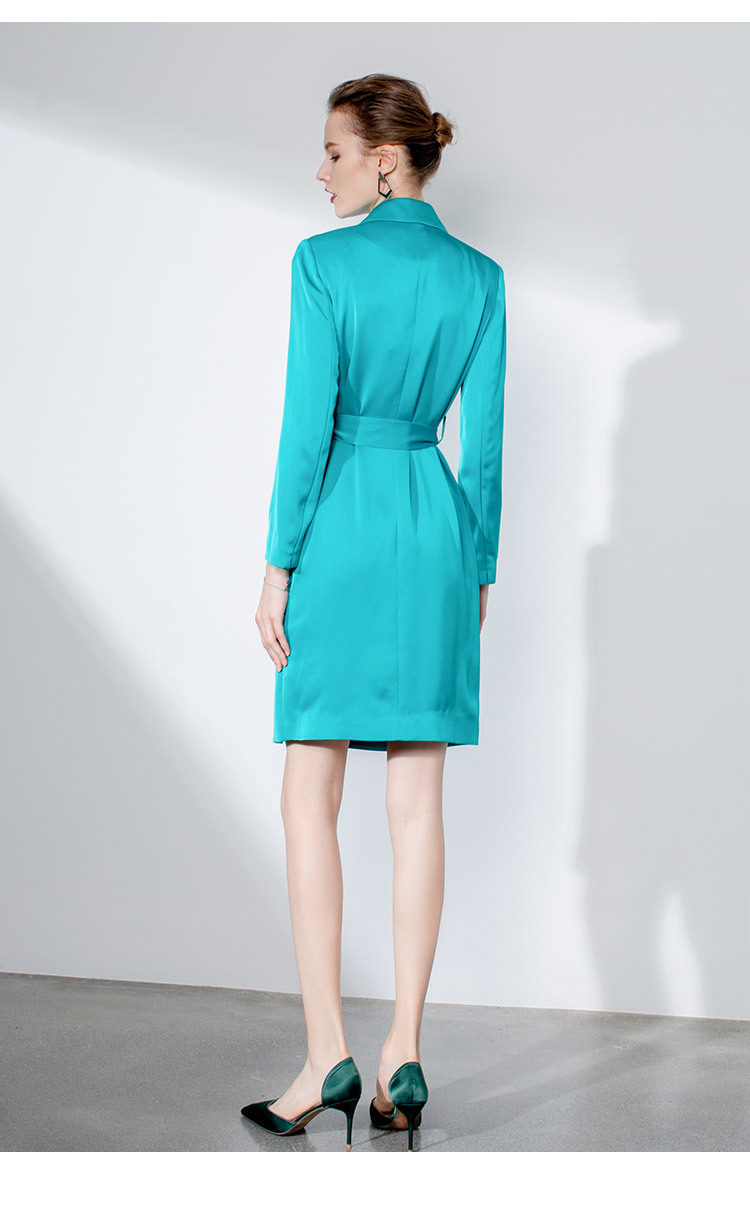 秋冬双排扣湖蓝绿西装连衣裙时尚前开叉系带女神范显瘦中长款女裙