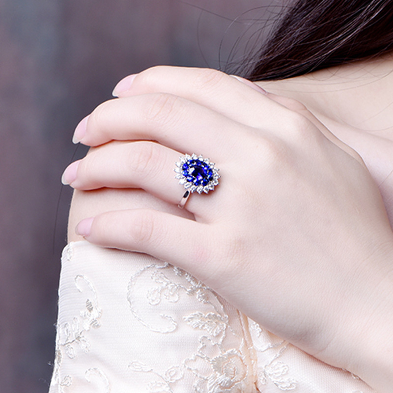 热卖戴妃款仿天然皇家蓝宝石戒指女 高档镀18k金镶钻彩色宝石戒指