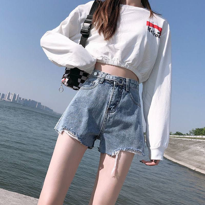 女短牛仔短裤女夏季2021新款高腰显瘦直筒裤破洞宽松a字阔腿热裤