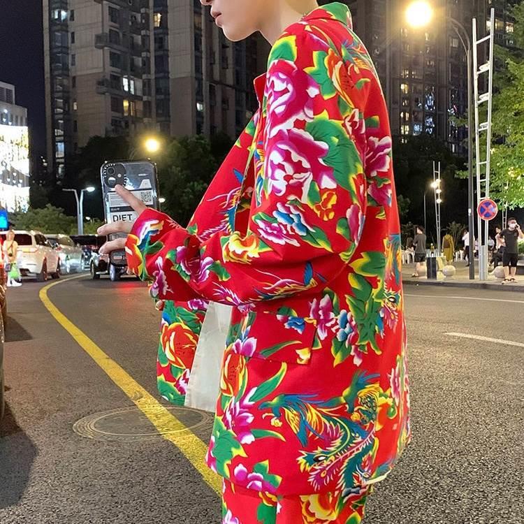 东北大花西服西装抖音同款喜庆套装男女同款大花裤子搞笑衣服跨境