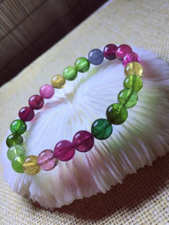 丹利水晶 碧玺手链 彩虹碧玺单圈圆珠手链