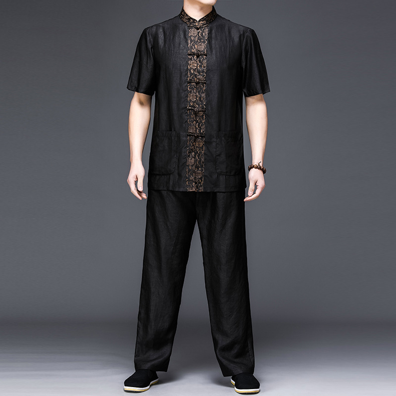 保罗夏季新款香云纱中式唐装男士套装中国风中老年短袖衬衫两件套