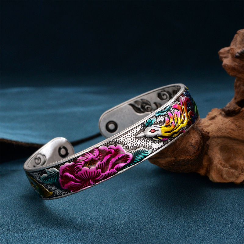 新款凤凰珐琅彩手镯 s9999国潮开口景泰蓝 孔雀复古手环 生日礼物