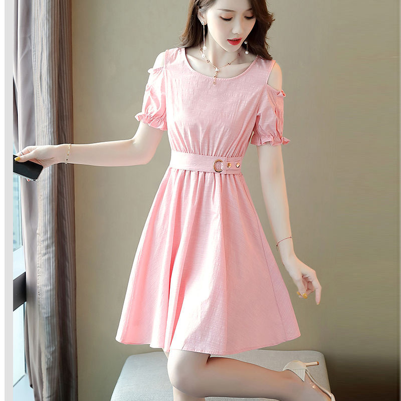 纯棉气质露肩连衣裙2024夏季新款中长a字裙韩版时尚收腰显瘦裙子