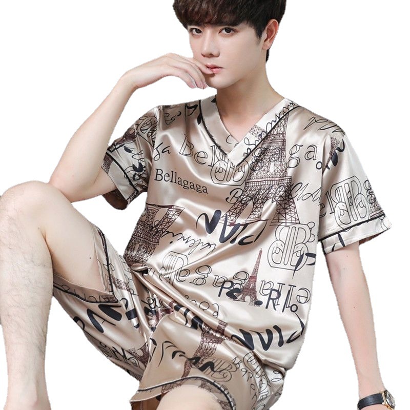 Pajamas Men's Summer Ice Silk Thin Short Sleeve Two-Piece Suit Korean Style Loose plus Size Men's Home Wear One Piece Dropshipping