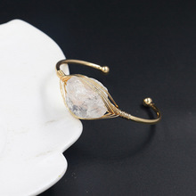 欧美流行饰品开口C型金属缠绕不规则白水晶原石女式手环手镯