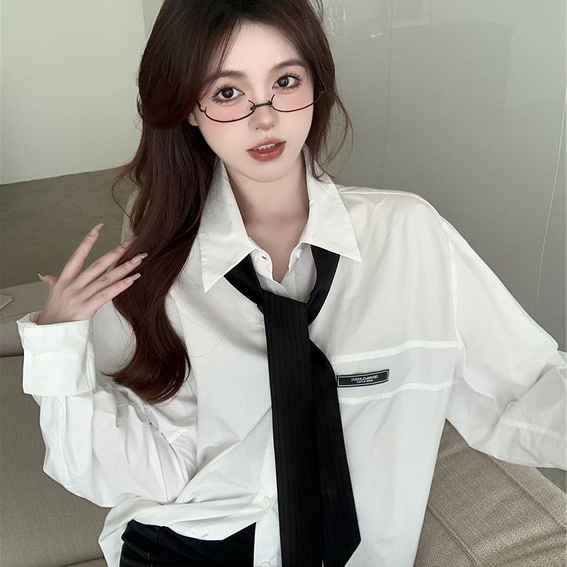 帒印服装---懒个性黑领带撞色长袖白衬衫宽松显瘦外套衬衣