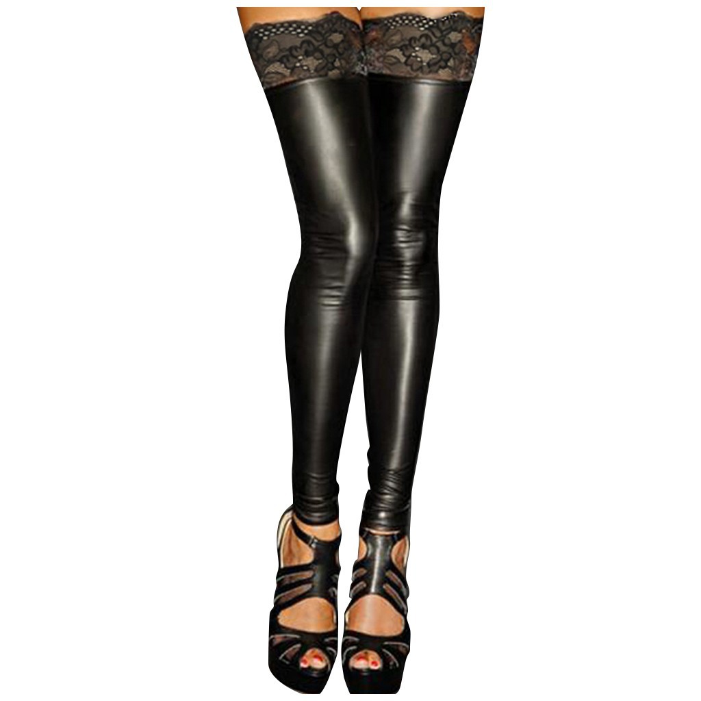 外贸货源 欧美新款情趣性感女士紧身蕾丝边漆皮长筒袜