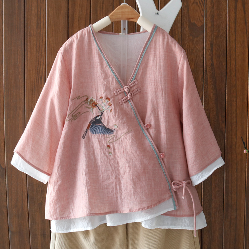 古中国风斜襟盘扣茶服衬衫新款双层棉麻改良汉服禅意茶服女