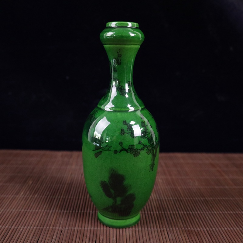 Antique Old Wholesale Antique Green Glaze Figure Pattern Bulbous Lipped Vase Decoration Home Ceramic Crafts Decoration Collection