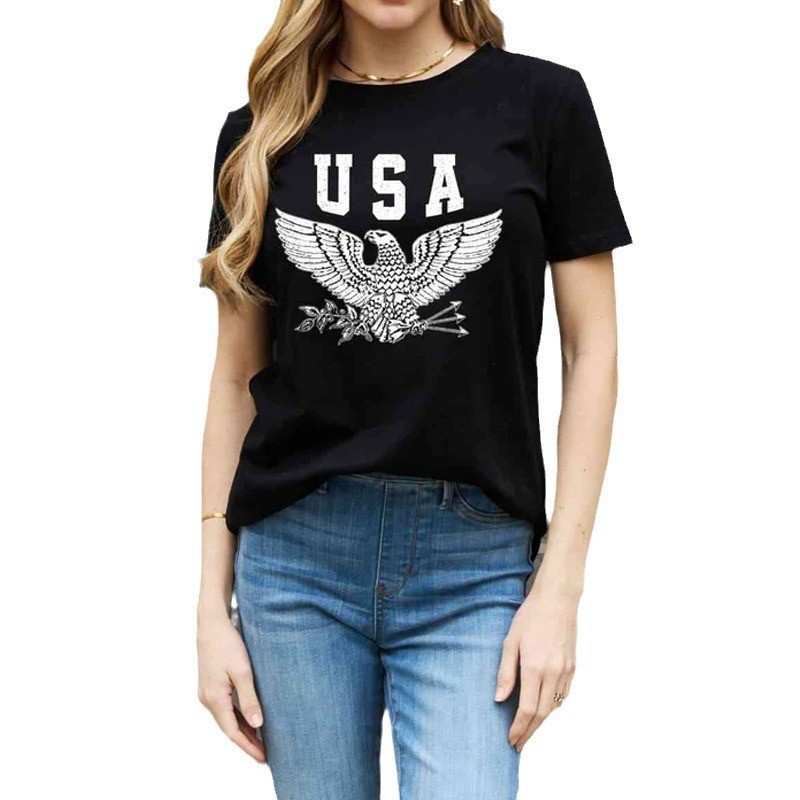 跨境欧美女装新款上衣老鹰字母印花圆领短袖t恤女-阿里巴巴