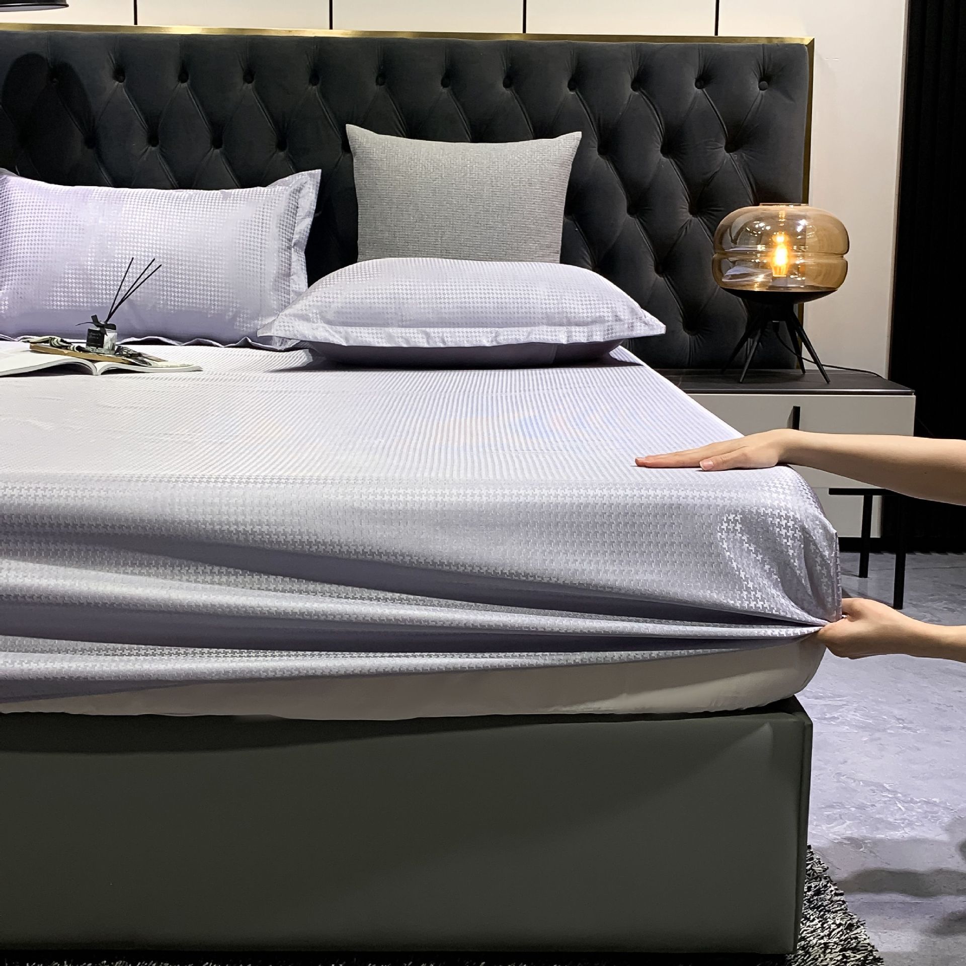 跨境冰丝凉席三件套床笠款千鸟格纯色床罩床套空调席子1.8m礼品席