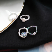 日系可爱珍珠戒指甜美小清新白色花朵指环时尚串珠弹力食指戒1834
