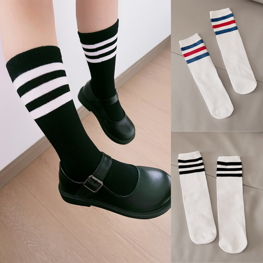 儿童直板袜三条杠中筒袜校服袜子男童女童百搭小腿袜条纹长袜表演