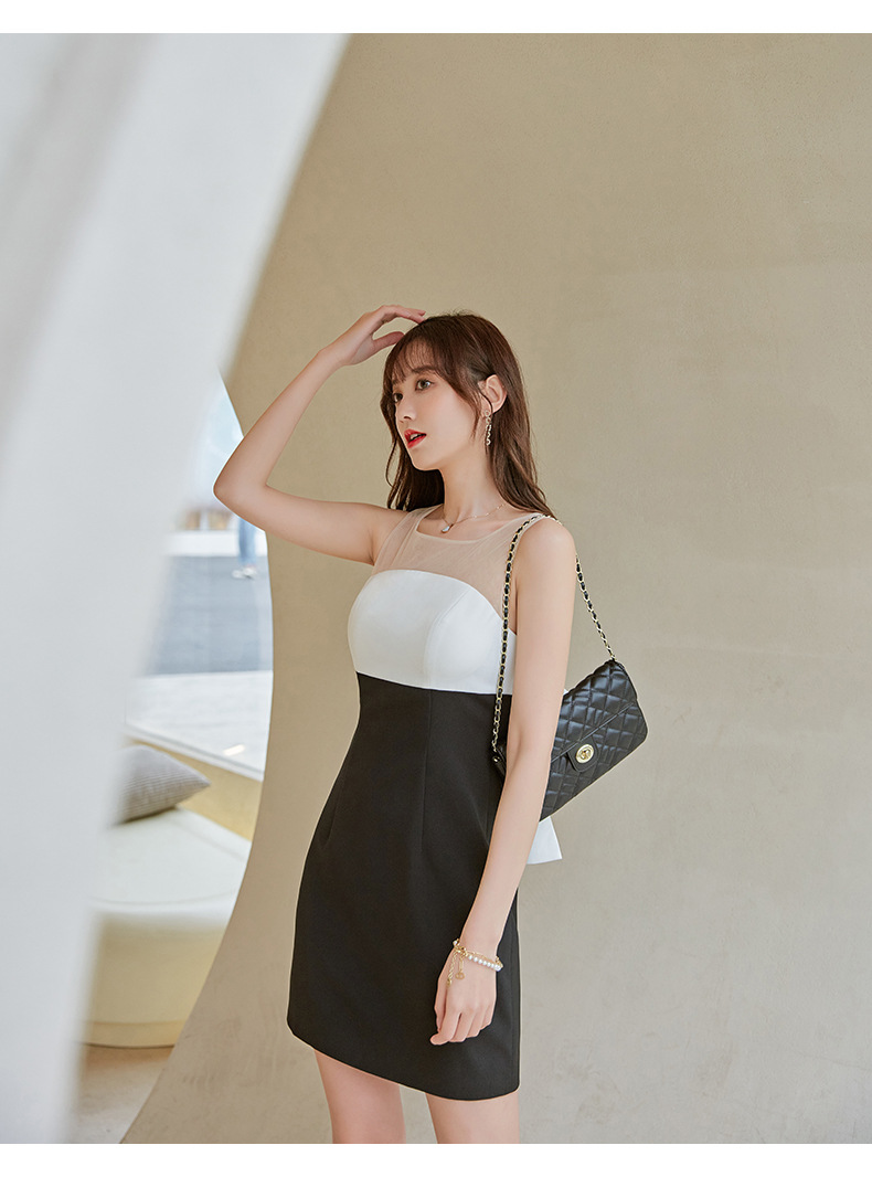 欧美风时尚简约撞色晚礼服名媛高冷御姐风露背蝴蝶结连衣裙 66484
