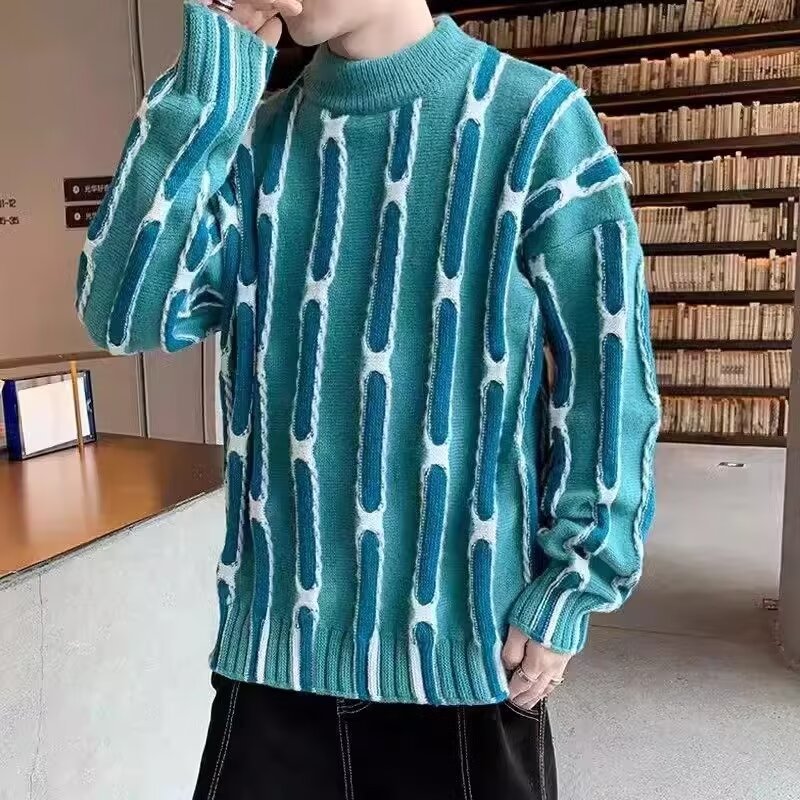 男士宽松圆领针织衫秋冬季ins港风拼色长袖套头毛衣潮牌时尚上衣