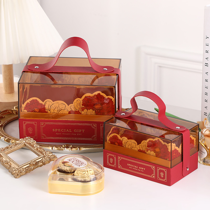 亚克力礼盒喜庆大容量伴手礼盒半透明喜糖盒手提皮质礼品盒包装盒