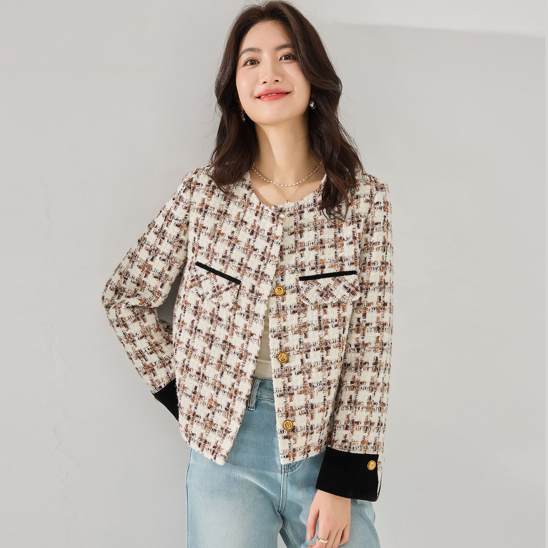 24春法式小香风撞色拼接外套通勤减龄千鸟格羊毛粗花