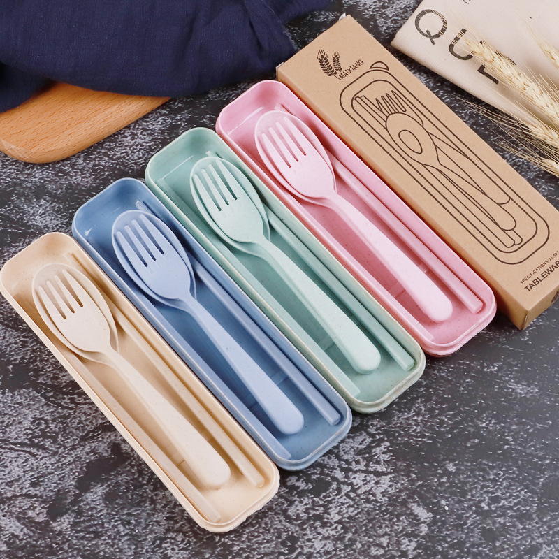 创意小麦秸秆餐具套装筷子勺子叉子三件套家用旅行便携学生餐具盒