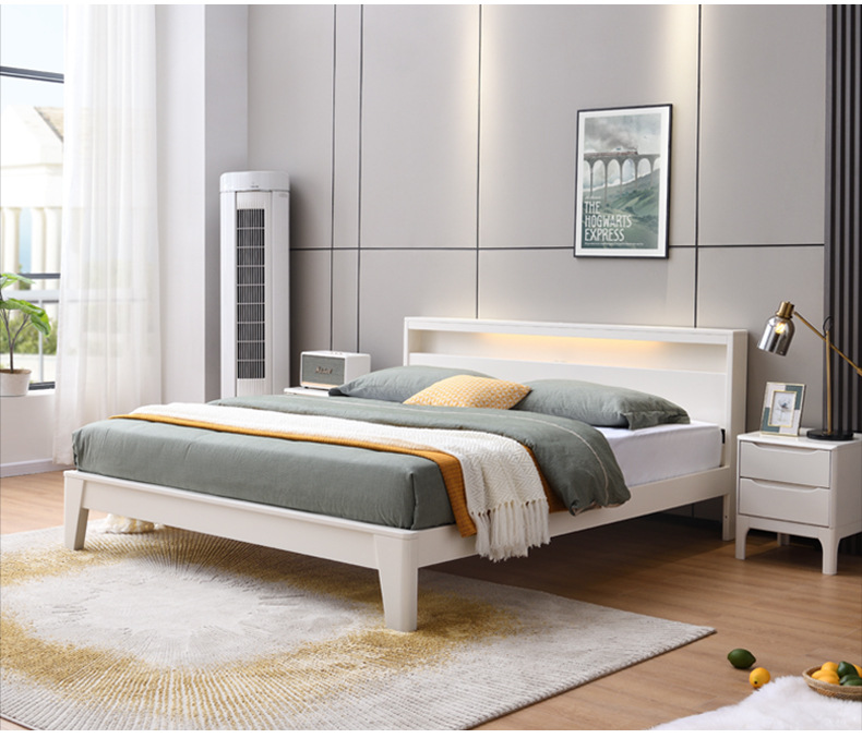 北欧全实木床白色现代简约1.8米双人主卧室1.5米小户型单人木床架