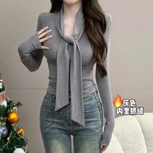 纯欲风性感系带V领上衣长袖T恤女秋冬新款修身显瘦加绒内搭打底衫