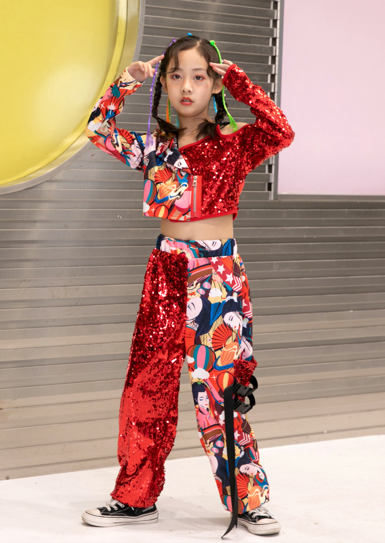 儿童爵士舞表演服装t台女童套装酷衣服夏 女孩亮片演出服走秀潮装