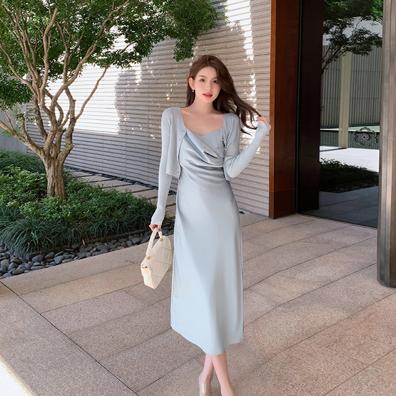 Atmosphere Dress Sneaky Design Acetate Satin Gray Blue Swing Collar Suspender Dress Women's Summer French Dress Ins