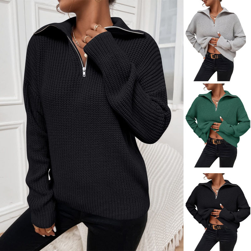 亚马逊 欧美半开领长袖上衣女秋冬新款纯色宽松高领套头毛衣女