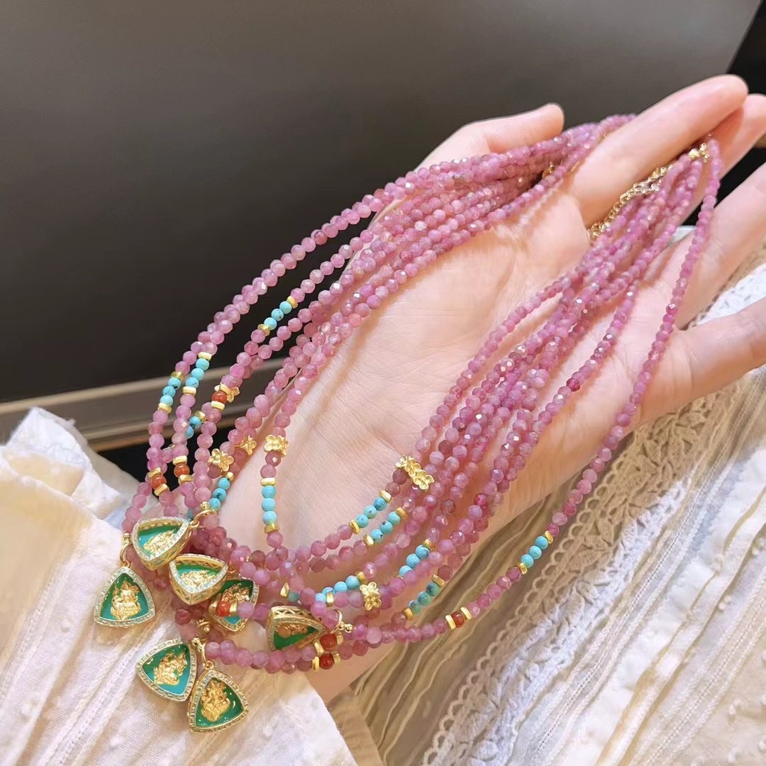 新中式原创设计款项链女士天然红碧玺刻面珠绿度母观音锁骨链礼物