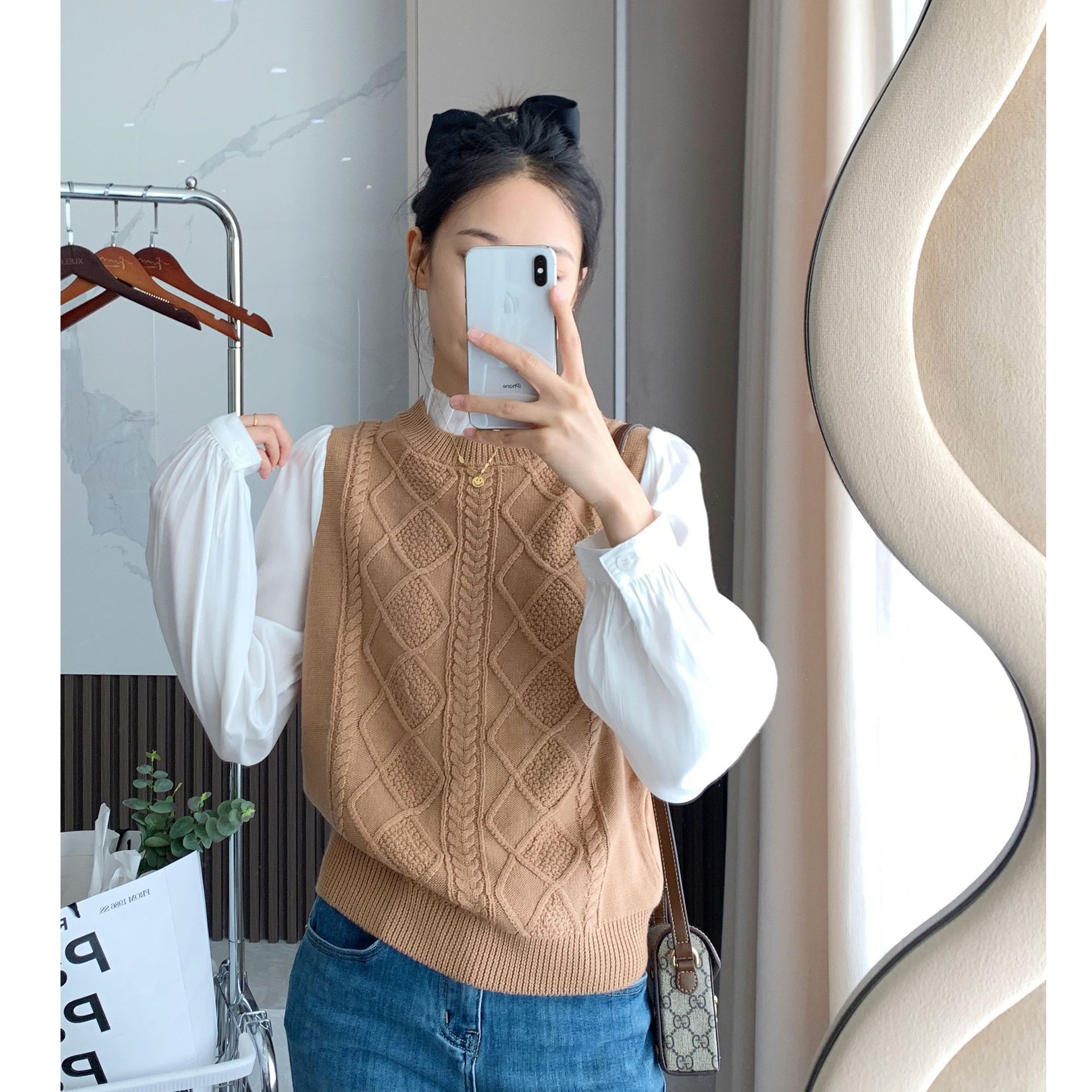 设计感立领衬衫拼接针织背心假两件羊毛针织衫上衣女
