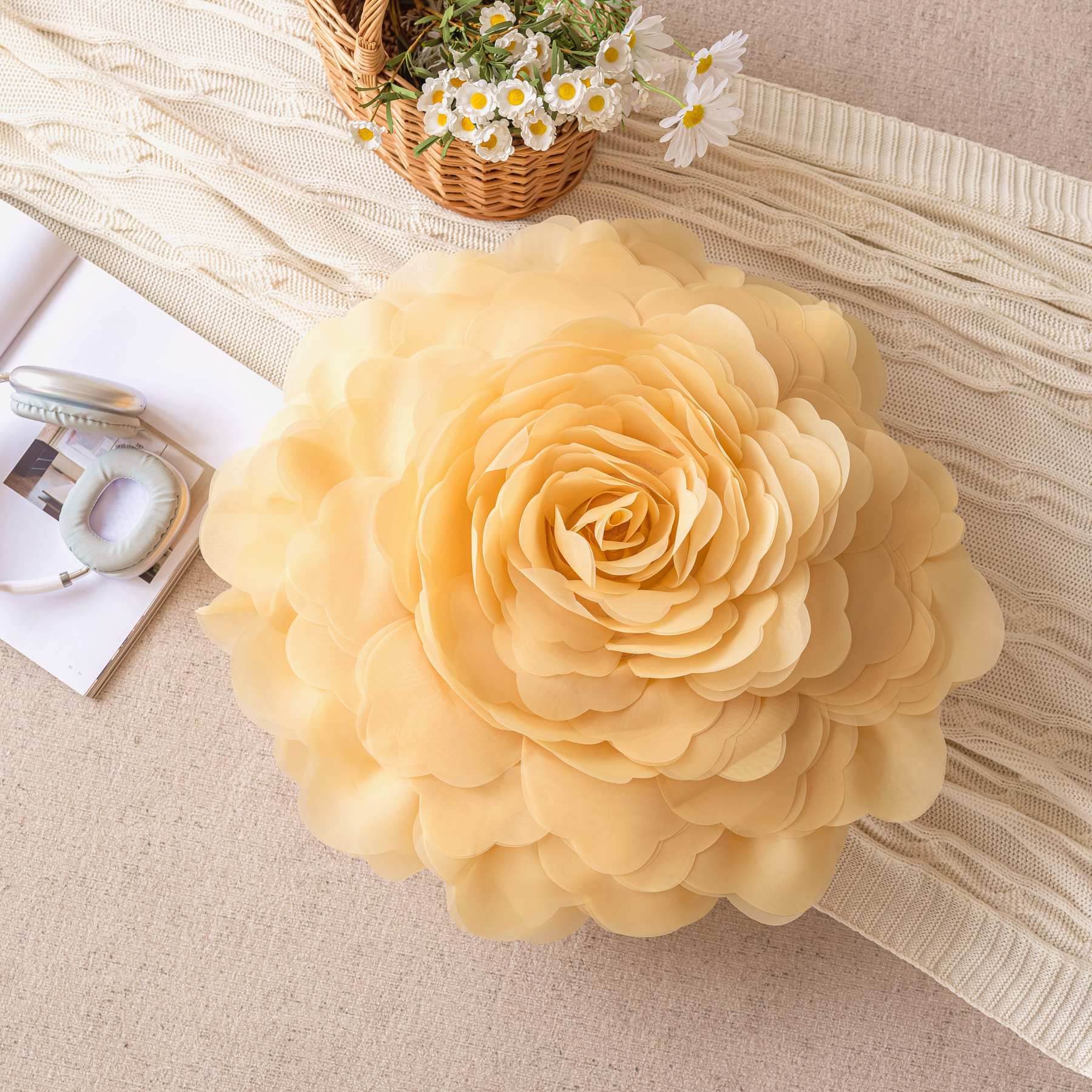 Princess Style Three-Dimensional Tulle Flower-Pattern Throw Pillow Ins Style Bedroom Bedside and Sofa Cushion Bay Window Peony Flower Throw Pillowcase