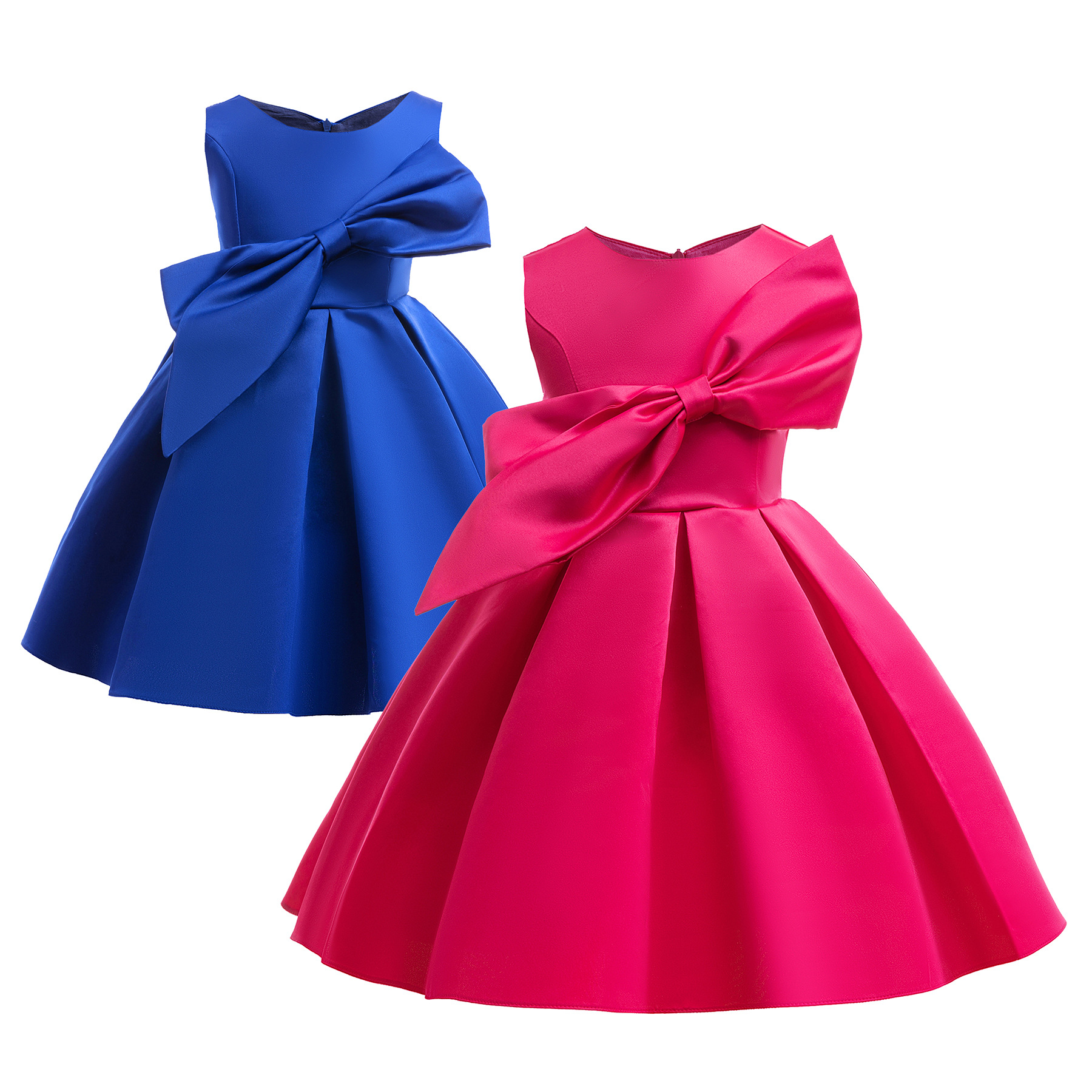 女童连衣裙2024外贸新款童装纯色童裙洋气蝴蝶结公主裙儿童礼服裙