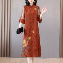 中式国风改良旗袍高端年轻喜婆婆婚宴装妈妈礼服红云纱连衣裙夏季