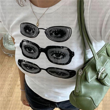 欧美女装时尚跨境外贸街头圆领套头上衣个性眼睛印花露脐短款t恤