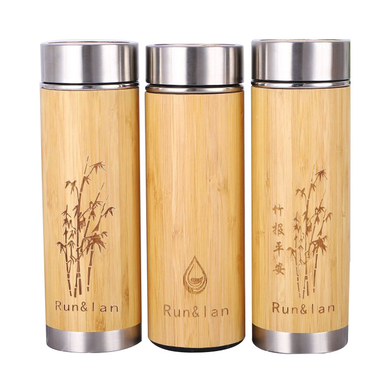 Customized Laser Engraving Double-Wall Bamboo Engraved Stainless Steel Water Bottle Household Thermos Office Bamboo Shell Water Bottle Tumbler