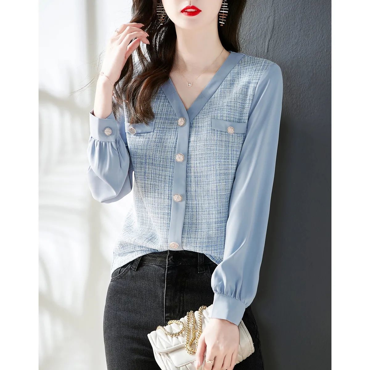 长袖衬衫女春季新款ins潮淑女气质宽松女装v领雪纺衫拼接小众上衣