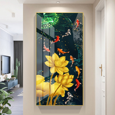 入户玄关装饰画竖版走廊过道壁画现代简约轻奢客厅挂画九鱼晶瓷画