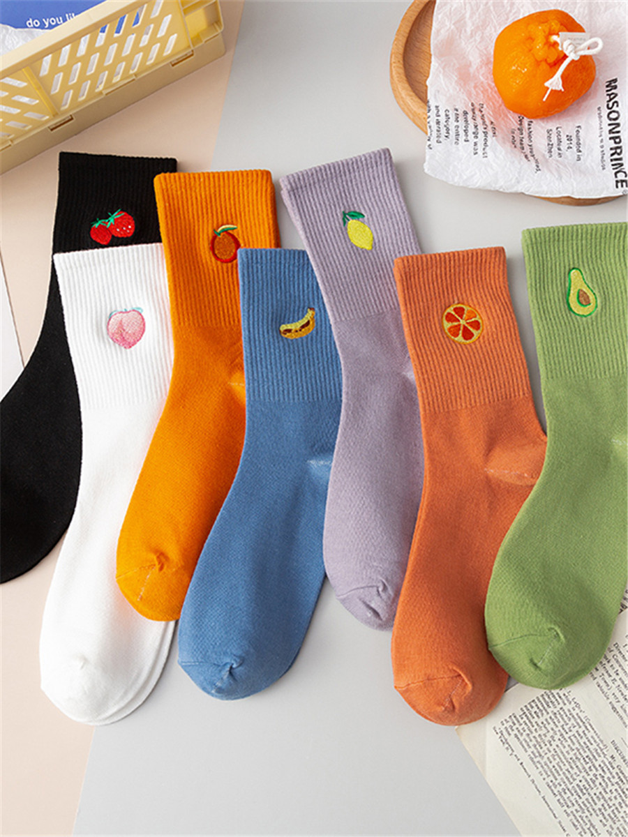韩国ins潮刺绣水果少女甜美中筒袜学院风百搭彩色运动袜子-阿里巴巴