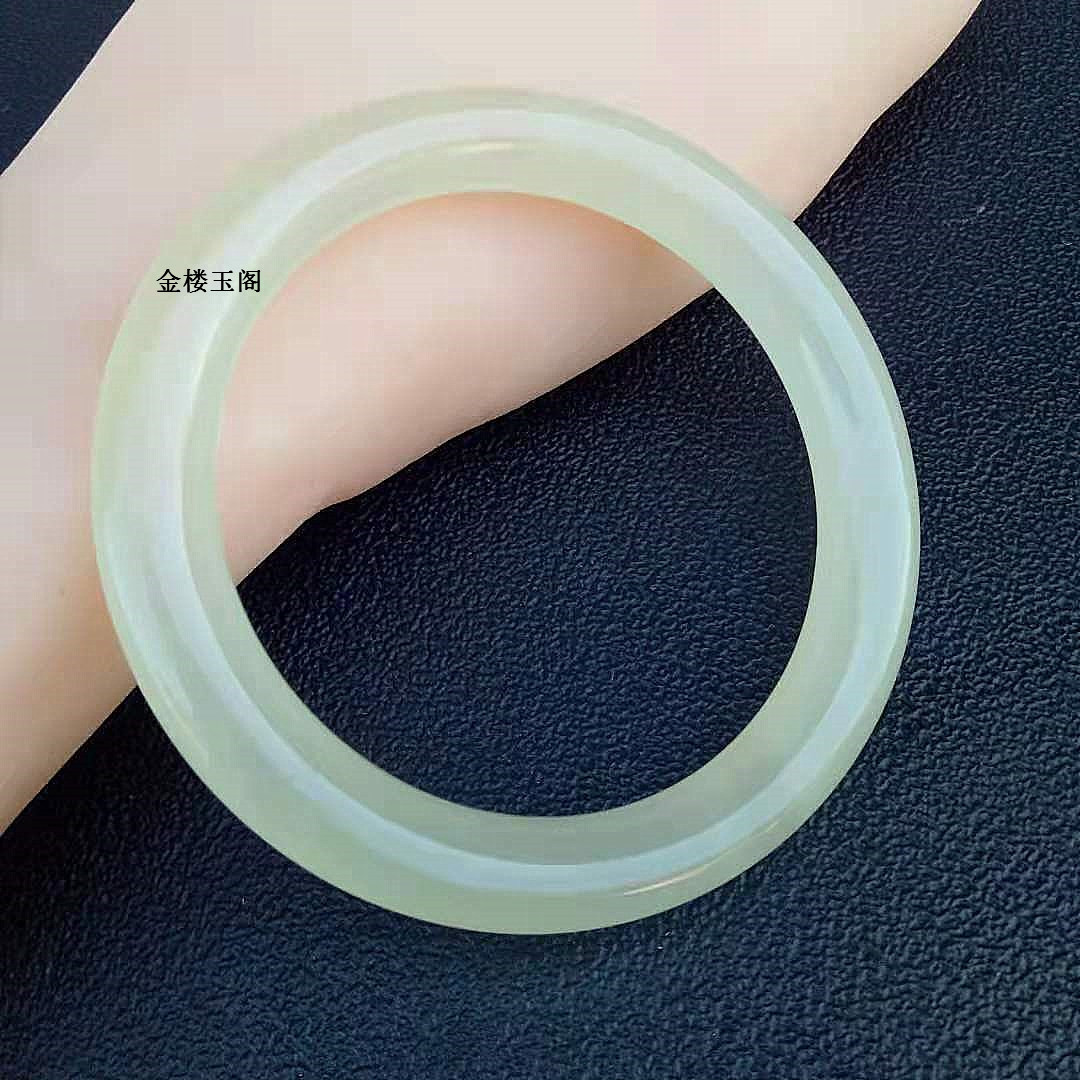 玉器a货阿富汗玉蚕丝手镯 清新原色金黄冰丝纹青白圆条玉镯批发