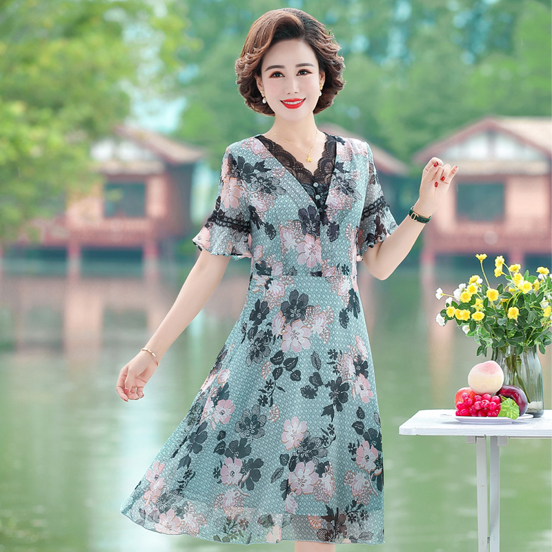 妈妈装夏装连衣裙洋气休闲40岁50中年妇女时尚中老年短袖气质裙子