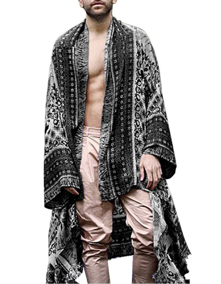 2021欧美跨境宽松中长款波西米亚印花开衫潮衬衫外套亚马逊男装