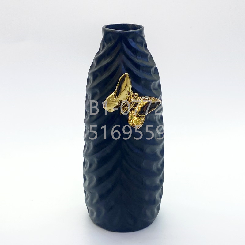 Modern Minimalist Ins Style Matte Black Golden Butterfly Leaf Pattern Vase Creative Ceramic Vase Geometric Flower Flower Container