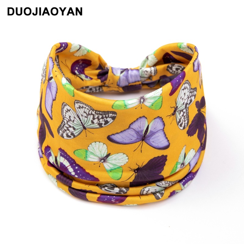 Amazon Hot New Sports Hair Band Elastic Wide-Brimmed Knotted Hair Band Butterfly Flower Print Headband Wholesale