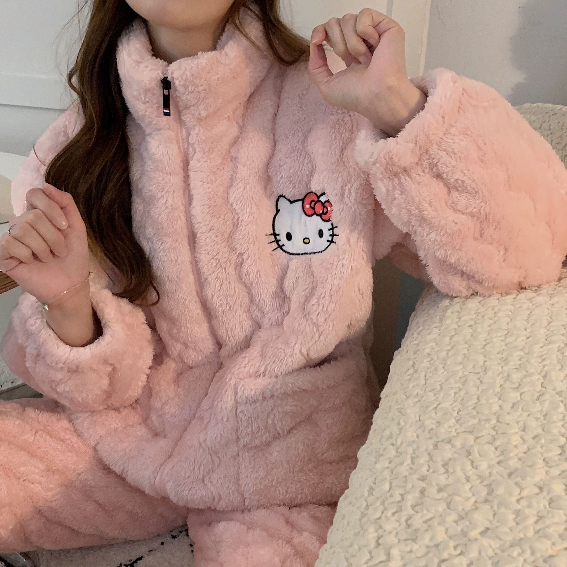 珊瑚绒三层夹棉睡衣女秋冬季纯色拉链款加厚加绒家居服套装可外穿
